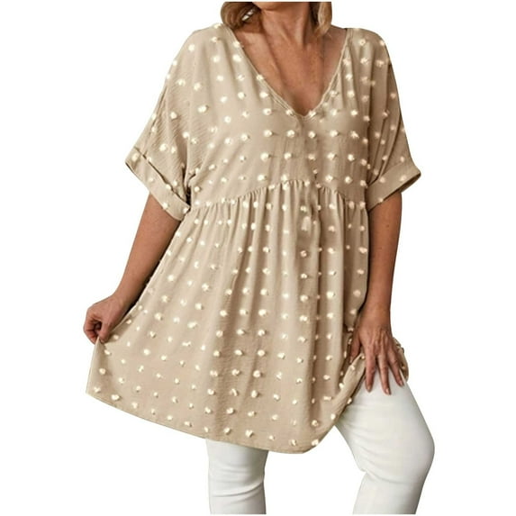 VBVC No Boundaries Women's Plus Size V-Neck Tshirts,Women Short Sleeve Dot Tops With Pompoms,Loose-Fitting Dressy Shirts For Women,*Khaki,Size XXXXL