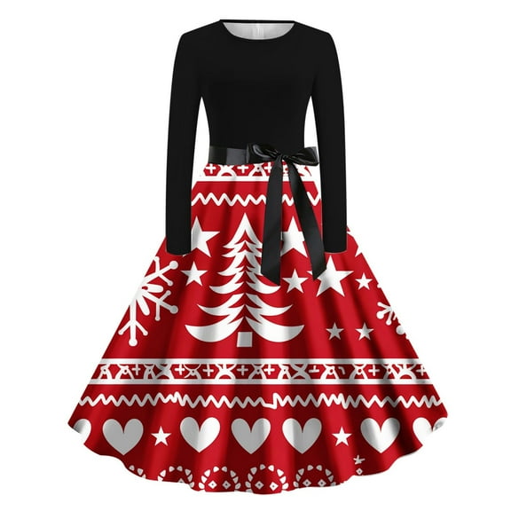 VBVC No Boundarie Women's Reindeer Swing Dress,Ladies Candy Cane Cocktail Party Dress with Belt,A-Line Holiday Dress for Women,Red,Size XXL