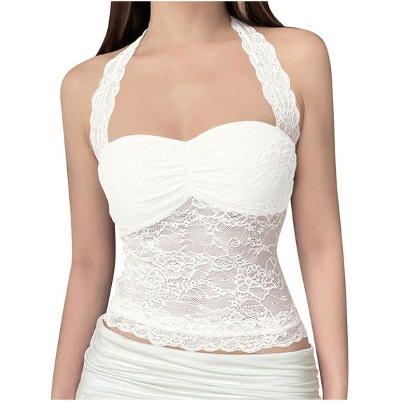 VBVC Women's Sexy Lace Crop Tank Tops,Womens Slimming Backless Tie-Up Halter,Ladies Sleeveless See-Through Camisole,*White,Size M