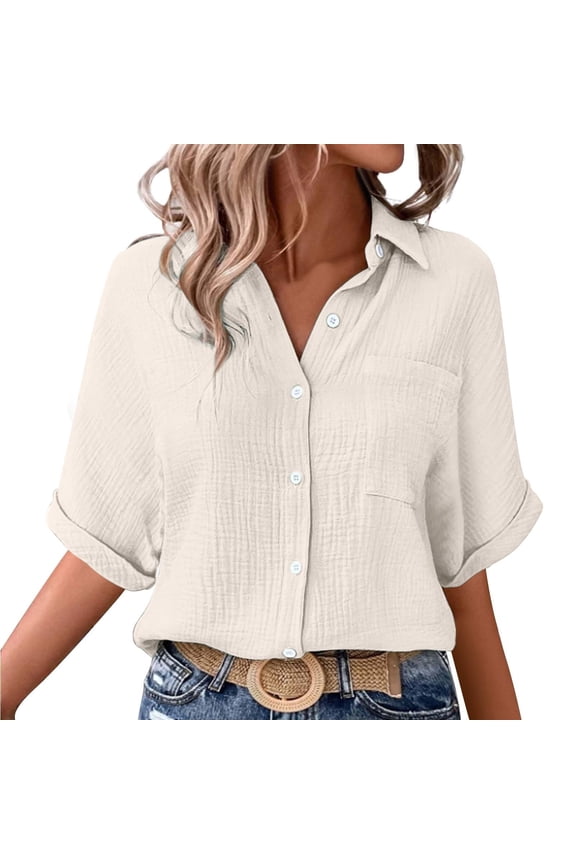 No Boundarie Women's Short Sleeve Button Down TShirts,Womens Solid Blouses Tops with Pocket,Oversized Tunic Tops For Women,*Beige,Size S