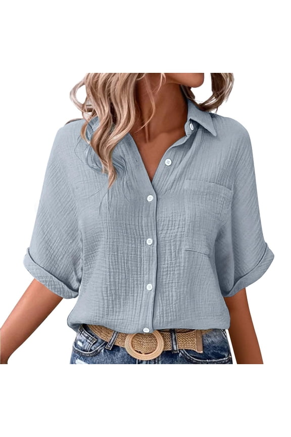 No Boundarie Women's Short Sleeve Button Down TShirts,Womens Solid Blouses Tops with Pocket,Oversized Tunic Tops For Women,*Light Blue,Size XL