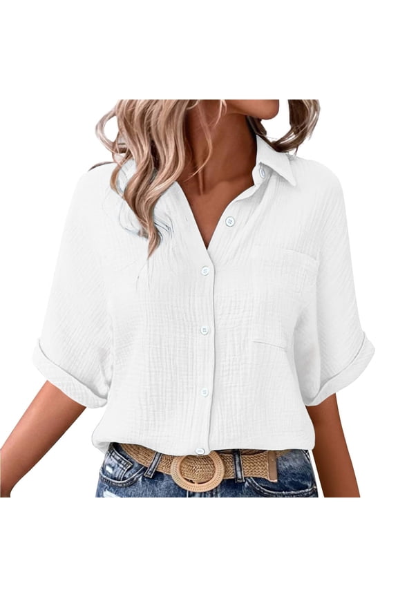 No Boundarie Women's Short Sleeve Button Down TShirts,Womens Solid Blouses Tops with Pocket,Oversized Tunic Tops For Women,*White,Size XL