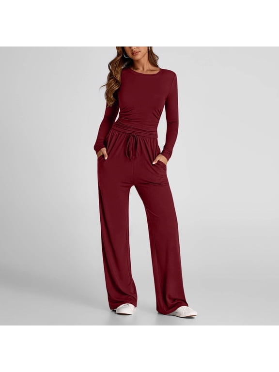 No Boundarie Women's Slimming Long Sleeve 2 Piece Sets,Womens Warm Crewneck Fall Outfits,Wide Leg Drawstring Tracksuit For Ladies,Wine,Size S