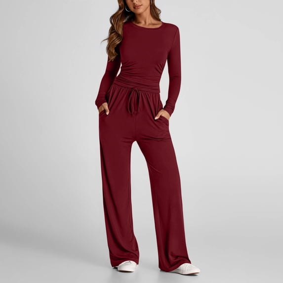 VBVC No Boundarie Women's Slimming Long Sleeve 2 Piece Sets,Womens Warm Crewneck Fall Outfits,Wide Leg Drawstring Tracksuit For Ladies,Wine,Size XL