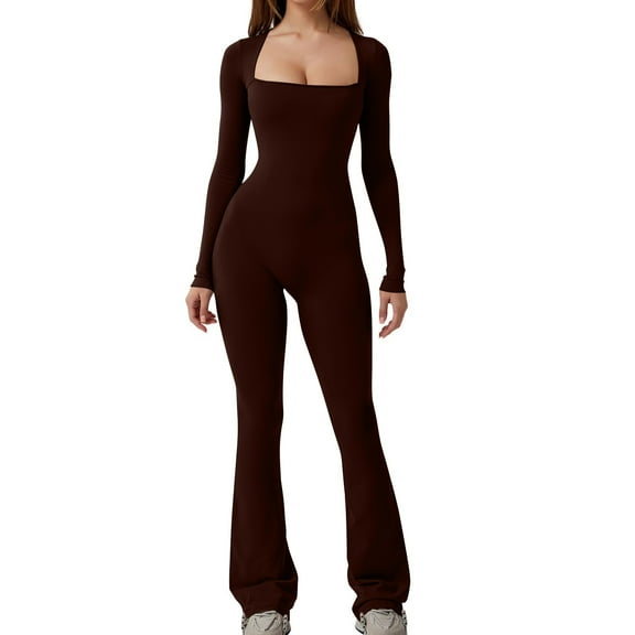 VBVC No Boundaries Women's Square Neck Jumpsuits,Ladies Butt Lift One Piece Pants,Slimming Bodysuits Pants For Women,Coffee,Size XXL