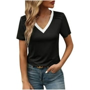 VBVC No Boundaries Women's V Neck Short Sleeve Tshirt,Womens Plus Size Color Blocked Blouse,Basic Workout Clothes For Women,*Black,Size XXL