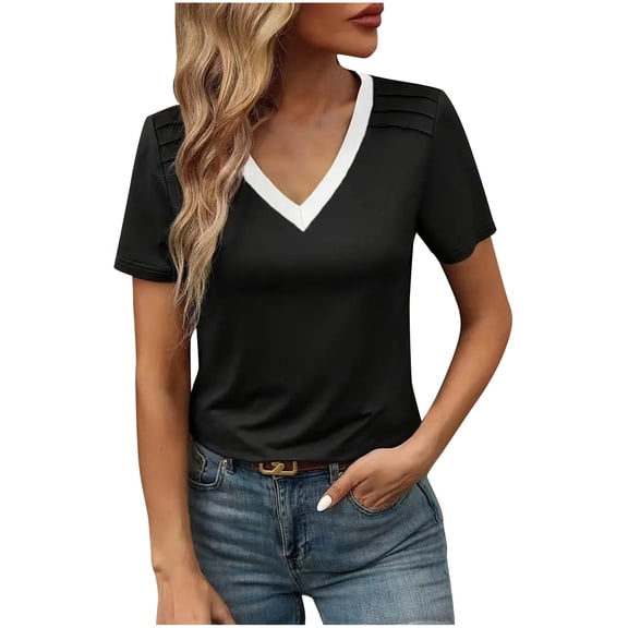 VBVC No Boundarie Women's V Neck Short Sleeve Tshirt,Womens Plus Size Color Blocked Blouse,Basic Workout Clothes For Women,*Black,Size XXL