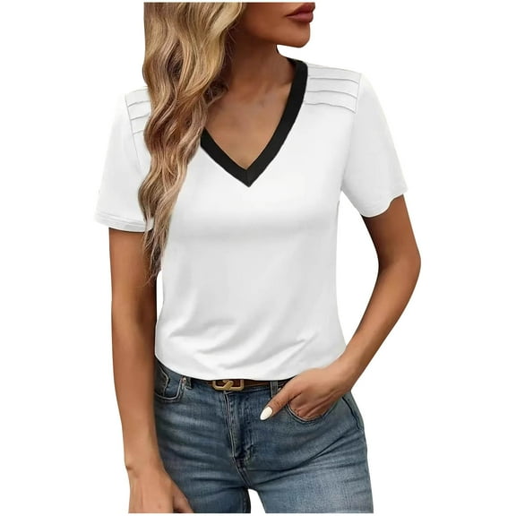 VBVC No Boundarie Women's V Neck Short Sleeve Tshirt,Womens Plus Size Color Blocked Blouse,Basic Workout Clothes For Women,*White,Size L