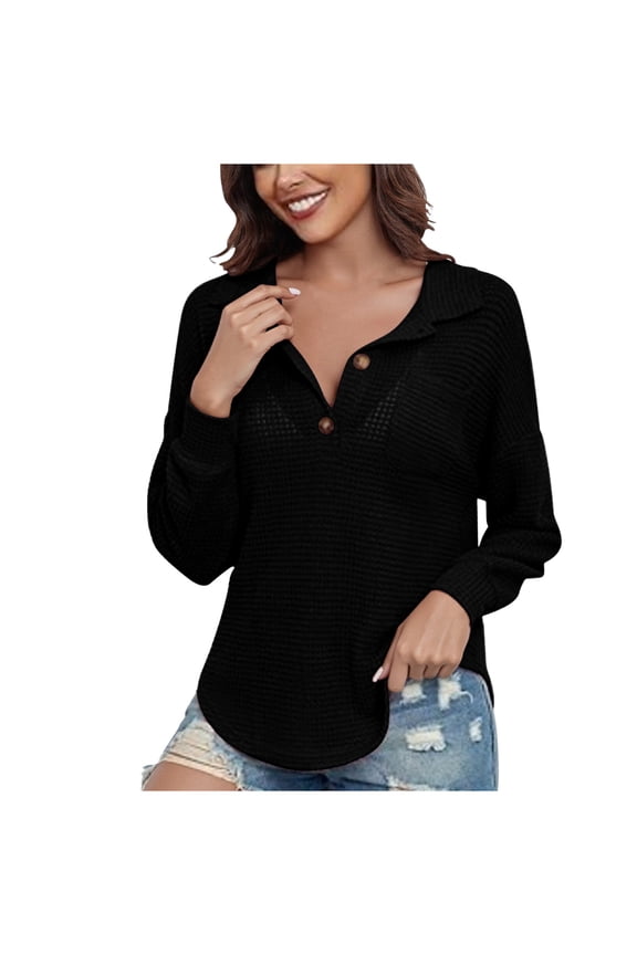 No Boundarie Women's V-Neck Solid Color Casual Tunic,Women Henley Shirts,Button Down Tops For Women,Black,Size XL