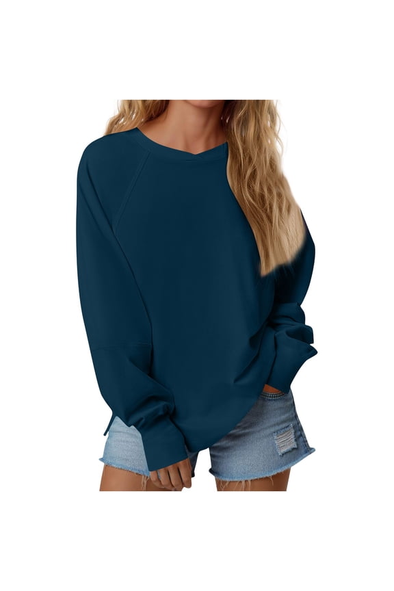 Womens Crewneck Sweatshirt, Long Sleeve Oversized Shirts, Women's Pullover Fall Sweater Y2k ,Navy,Size L