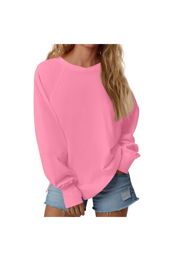 Womens Crewneck Sweatshirt, Long Sleeve Oversized Shirts, Women's Pullover Fall Sweater Y2k ,Pink,Size L