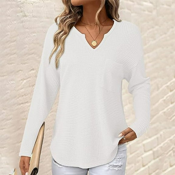 VBVC No Boundaries Womens V Neck Long Sleeve Shirts, Women's Slim Casual Pullover,Women Waffle Knit Top,White,Size M