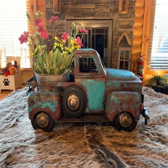 VBVC Spring Summer Large Rustic Farmhouse-Truck, Vintage Rust Truck Decor withflowers Farmhouse-Table Decor