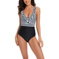 thumbnail image 1 of VBVC Women Contrast Color Stripe One Piece Swimsuit Halter Backless Ruched Tummy Control Bathing Suit, 1 of 6