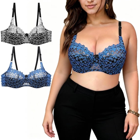 VBVC Women's 2-Pack Floral Lace Underwire Bra,Full Coverage Support Everyday Bra For Women,Ladies' Comfort T-Shirt Bra with Adjustable Straps,Blue,L-5XL
