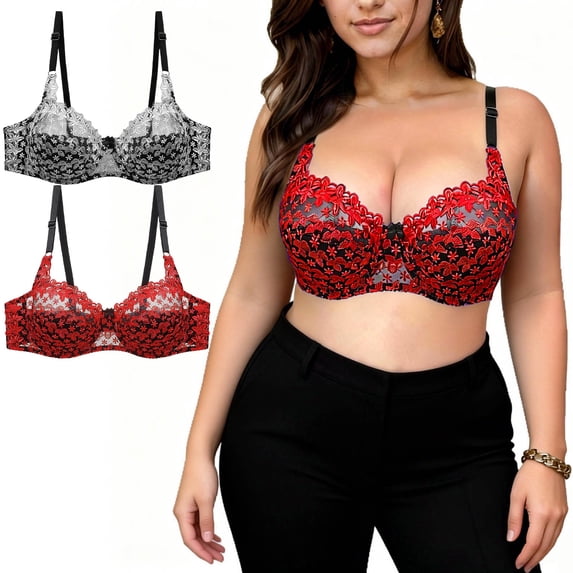 VBVC Women's 2-Pack Floral Lace Underwire Bra,Full Coverage Support Everyday Bra For Women,Ladies' Comfort T-Shirt Bra with Adjustable Straps,Multicolor,L-5XL