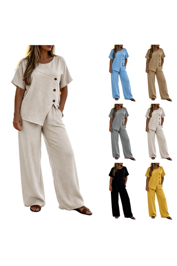 Women's 2 Piece Asymmetrical Button Pants Sets , Casual Summer Loose Matching Outfits For Women , Ladies' Short Sleeve Tunic Suit Sets with Pockets,Blue,S-3XL