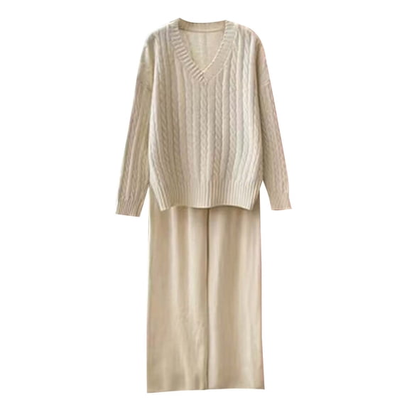 VBVC Women's 2 Piece Baggy Knit Sweater Set,Ladies V-Neck Top and Wide Leg Pants,Lightweight Lounge Outfit for Women,Beige,Size Free Size