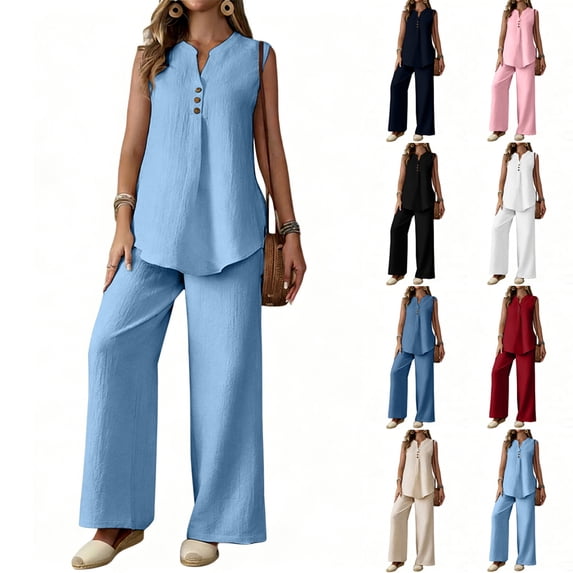 VBVC Women's 2 Piece Cotton-Linen Outfit Set,Notch Neck Tank Top and Wide Leg Pants For Women,Ladies Button Trim Loungewear with Pockets,Navy,S-2XL