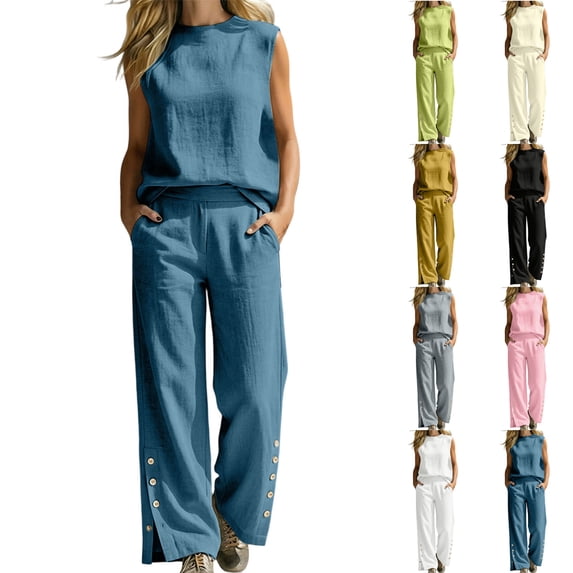 VBVC Women's 2 Piece Cotton-Linen Outfit Set,Sleeveless Tank Top and Wide Leg Pants For Women,Ladies Casual Summer Button Slit Loungewear with Pockets,Yellow,S-2XL
