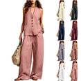 thumbnail image 1 of VBVC Women's 2 Piece Cotton-Linen Outfit,V-Neck Sleeveless Waistcoat and Wide Leg Pants For Women,Ladies Summer Button Down Loungewear with Pockets,Watermelon Red,S-2XL, 1 of 7