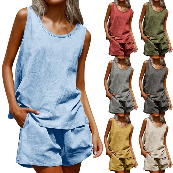 VBVC Women's 2 Piece Cotton-Linen Short Set,Round Neck Tank Top and Pocket Shorts For Women,Ladies Sleeveless Summer Loungewear with Pockets,Light Blue,S-3XL