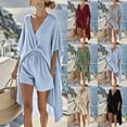 thumbnail image 1 of VBVC Women's 2 Piece Cotton Loungewear Set,Batwing Sleeve Cardigan and Drawstring Shorts For Women,Ladies Casual Summer Outfit with Pockets,Green,S-3XL, 1 of 10