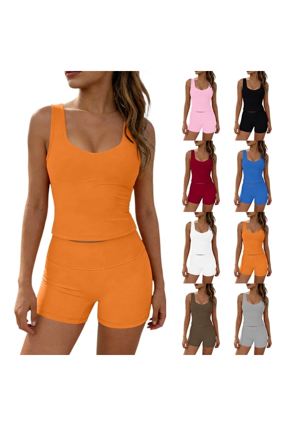 Women's 2 Piece Crew Neck Activewear Set, Ladies' Tank Top and High Waist Biker Shorts, Seamless Gym Yoga Tracksuit For Women,Orange,S-3XL