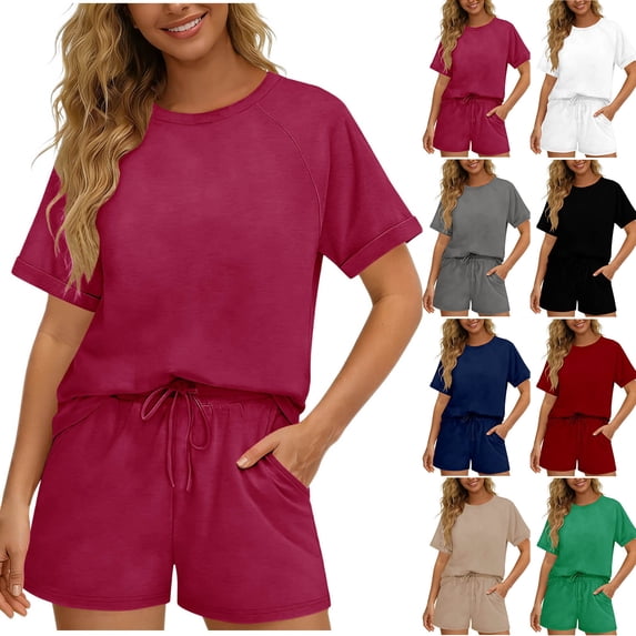 VBVC Women's 2 Piece Drawstring Lounge Sets,Breathable Tracksuit for Women,Ladies Short Sleeve Top and Short with Pockets,Beige,S-2XL