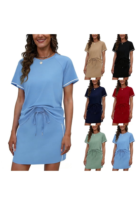 Women's 2 Piece Drawstring Skirt Sets,Short Sleeve T-Shirt and Skort For Women,Ladies Summer Sweatsuits with Pockets,Red,S-2XL
