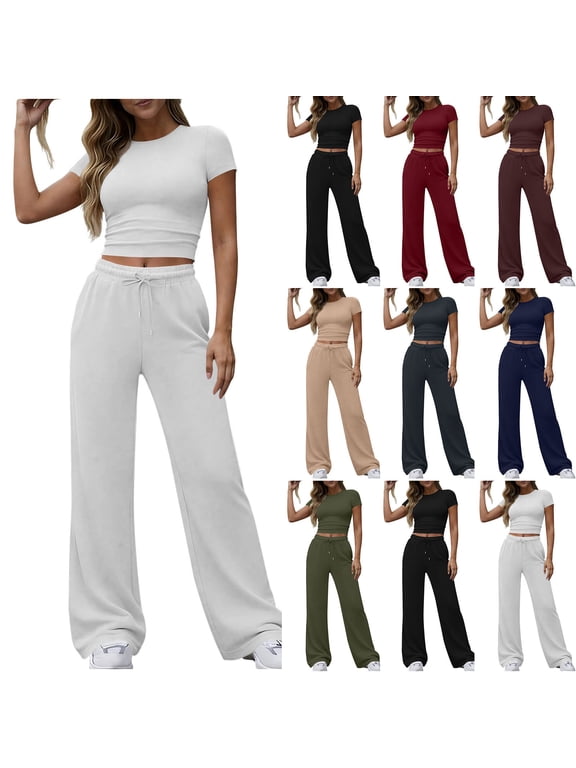 Women's 2 Piece Drawstring Sweatsuit Sets,Short Sleeve Crop Top and Wide Leg Pants For Women,Ladies Y2K Going Out Outfits with Pockets,Black,S-2XL