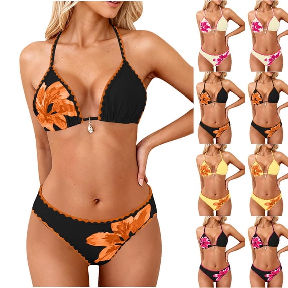 VBVC Women's 2 Piece Floral Triangle Bikini Set,Ladies Tie up Bathing Suit,Halter High Cut Swimsuit For Women,Hot Pink,Size L