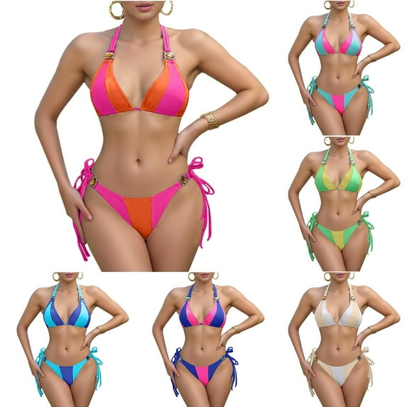 VBVC Women's 2 Piece Halter Triangle Bikini Set,Ladies Drawstring Swimsuit,Tie Side String Thong Swimwear For Women,Green,Size L