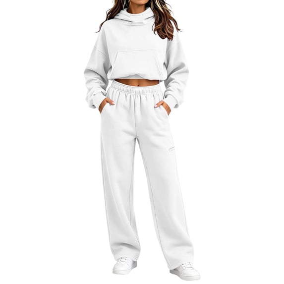 VBVC Women's 2 Piece Hooded Sweatsuit , Cowl Neck Cropped Pullover and Pants for Women , Ladies' Long Sleeve Tracksuit with Pockets, S-2XL