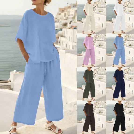 VBVC Women's 2 Piece Linen Set,Ladies Batwing Sleeve Loose Top,High Waist Drawstring Wide Leg Pants For Women,Navy,S-2XL