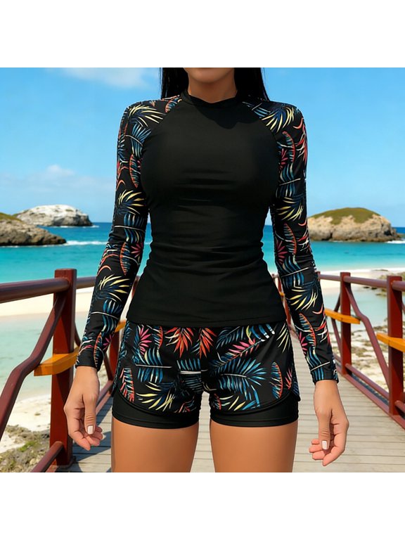 Women's 2 Piece Long Sleeve Rash Guard Set , Ladies' Tropical Palm Color Block Surfing Swimsuit , Quick Dry Swimming Bathing Suit For Women,Multicolor,S-XL