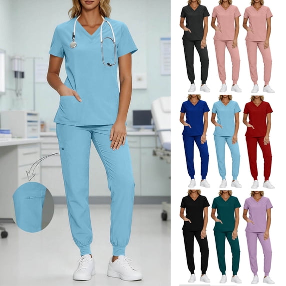 VBVC Women's 2 Piece Medical Scrub Set,Short Sleeve Top and Jogger Pants For Women,Ladies V-Neck Comfort Uniform with Multi Pockets,Light Blue,S-2XL