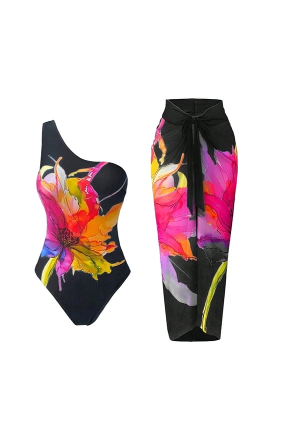 Women's 2 Piece One Shoulder Swimsuit,Floral One Piece Swimwear and Cover Up Skirt For Women,Black,Size XL