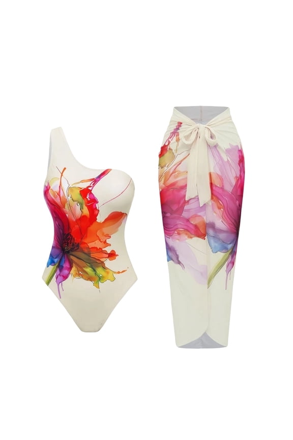 Women's 2 Piece One Shoulder Swimsuit,Floral One Piece Swimwear and Cover Up Skirt For Women,White,Size S