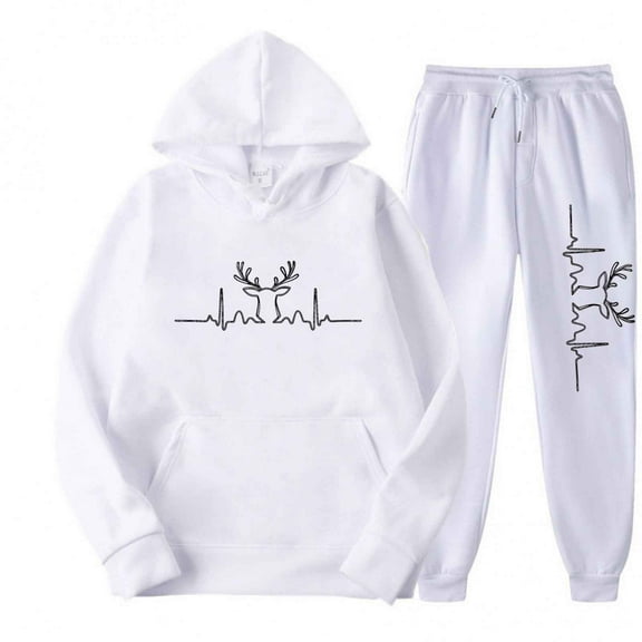 VBVC Women's 2 Piece Reindeer Hoodie Set,Ladies Lightweight Top and Pant,Breathable Matching Outfit For Women,White,Size L