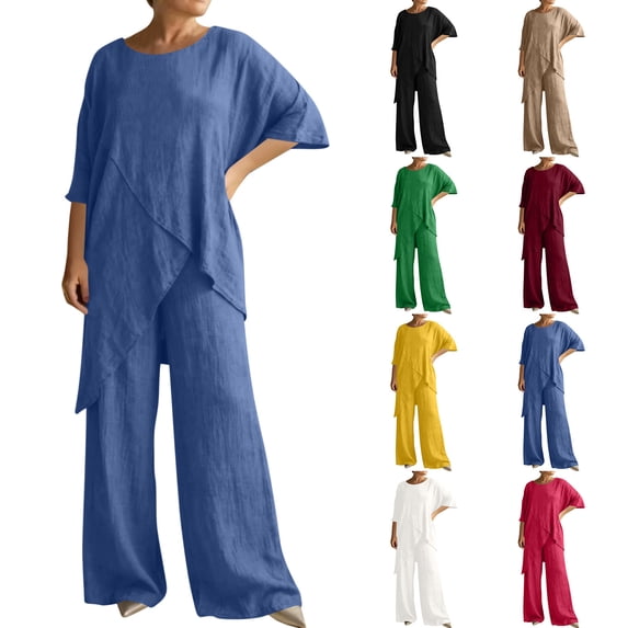 VBVC Women's 2 Piece Satin Short Sleeve Outfits,Ladies Crew Neck Layered Top and Wide Leg Pants,Baggy Lounge Vacation Sets For Women,Blue,S-3XL