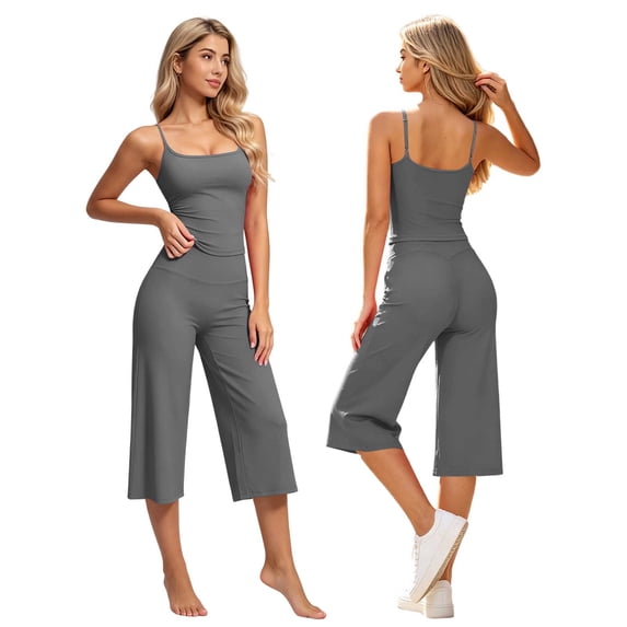 VBVC Women's 2 Piece Spaghetti Strap Yoga Set , Tank Top and Capri For Women , Ladies' Summer Wide Leg Lounge Outfit, *Gray , Large