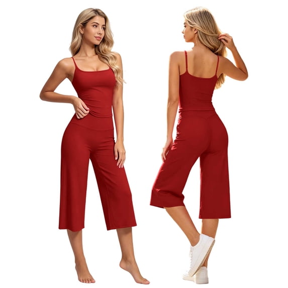VBVC Women's 2 Piece Spaghetti Strap Yoga Set , Tank Top and Capri For Women , Ladies' Summer Wide Leg Lounge Outfit, *Red , XX-Large
