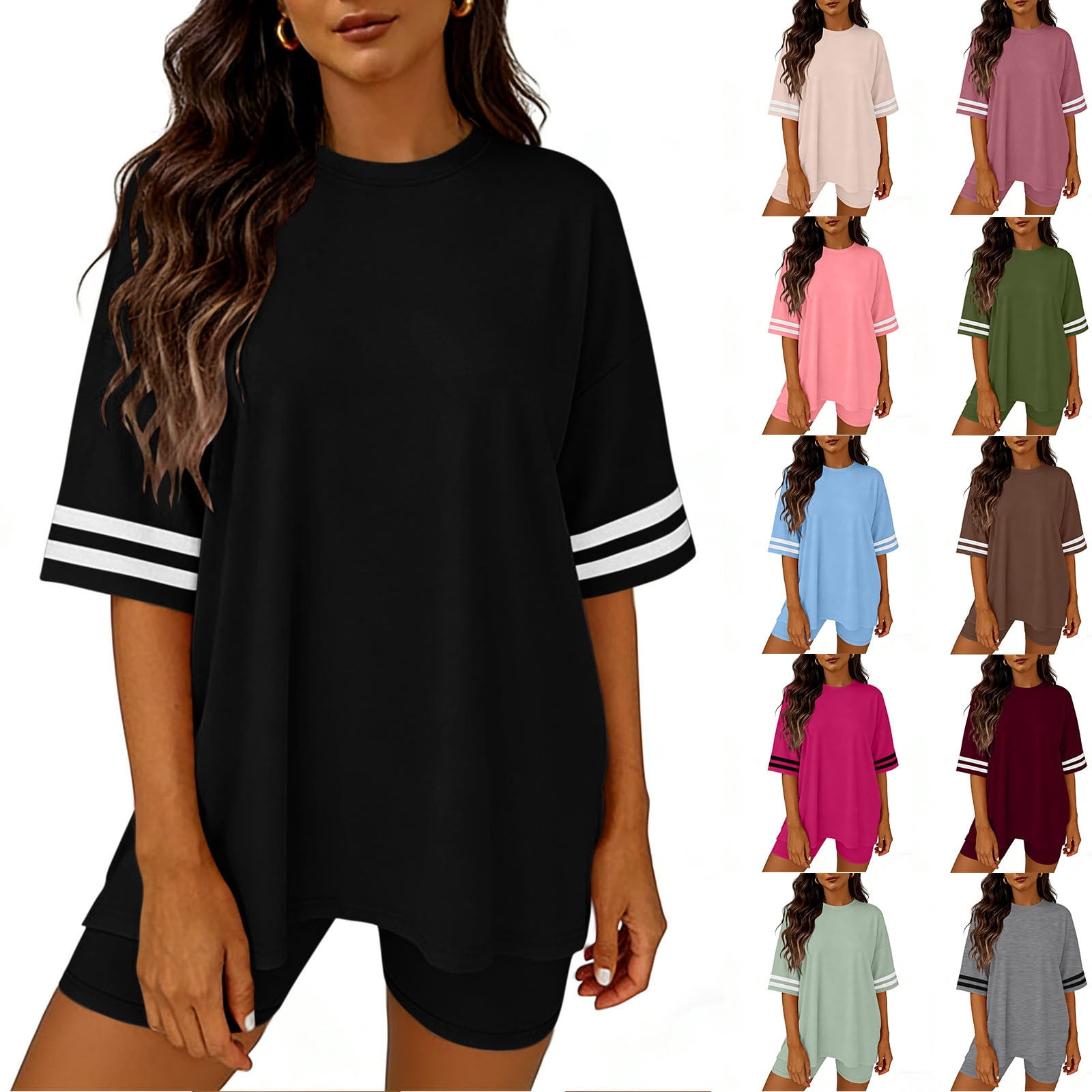 VBVC Women's 2 Piece Stripe Sweatsuit,Ladies Short Sleeve T-Shirt and ...