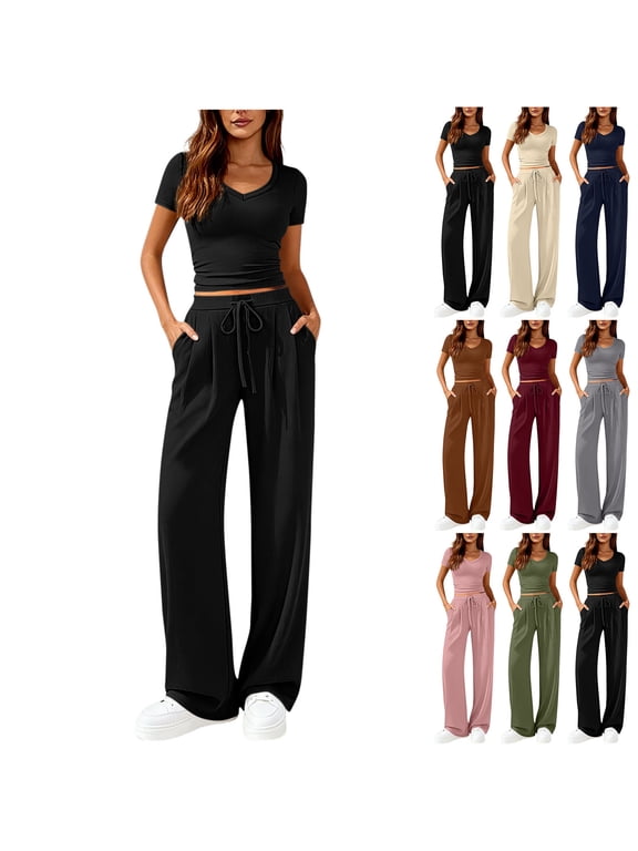 Women's 2 Piece Summer Outfit Set,Ladies V-Neck Crop Top,High Waist Drawstring Wide Leg Pants For Women,Brown,S-2XL
