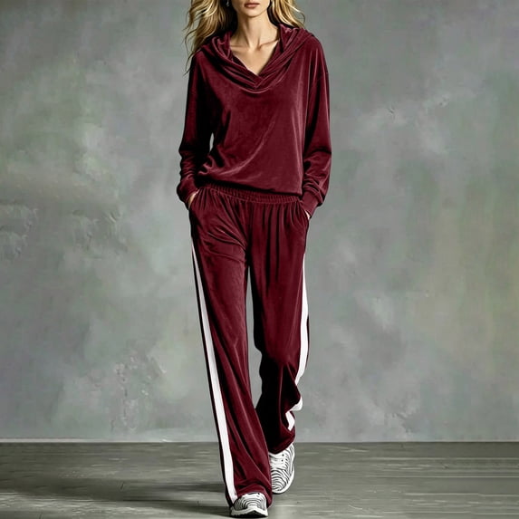 VBVC Women's 2 Piece Velour Side Stripe Sweatsuit , Cowl Neck Top and Wide Leg Pants for Women , Ladies' Fall Winter Lounge Set with Pockets, S-5XL