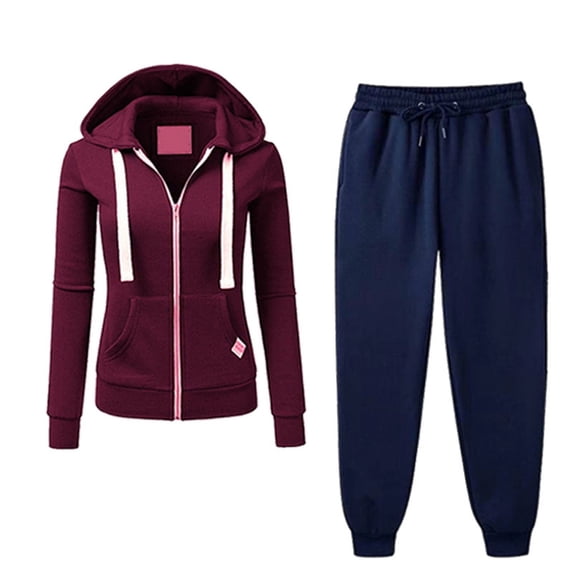 VBVC Women's 2 Piece Zip-Up Hoodie Set,Ladies Drawstring Jacket and Jogger with Pockets, Lightweight Sweatsuit For Women,Wine,Size M