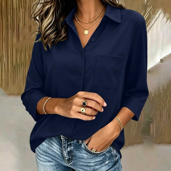 VBVC Women's 3/4 Sleeve Button Down Blouse , Classic Collared V Neck Shirt For Women , Ladies' Loose Fit Work Tops with Pockets, *Navy , Medium