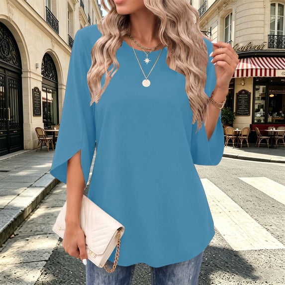 VBVC Women's 3/4 Sleeve Crew Neck Tunic Top , Ladies' Fall Winter Work Blouse , Basic Stretchy Long Shirt For Women, *Light Blue , XX-Large