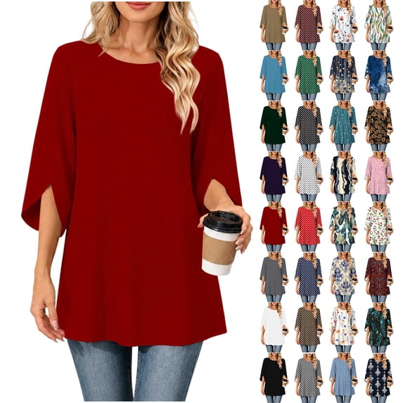 VBVC Women's 3/4 Sleeve Crew Neck Tunic Top , Ladies' Fall Winter Work Blouse , Basic Stretchy Long Shirt For Women, *Red , Large